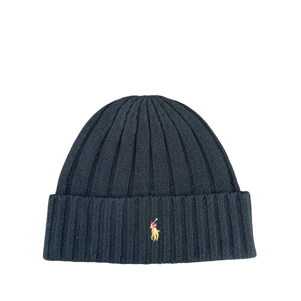 Polo Ralph Lauren Beanie Black Flesh Pony Wool Blend Rib Knit Cuff NEW